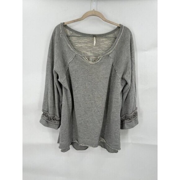 Free People Grey Mystery Wide Sleeve Women Medium Boho Top Crochet Casual - Picture 2 of 10